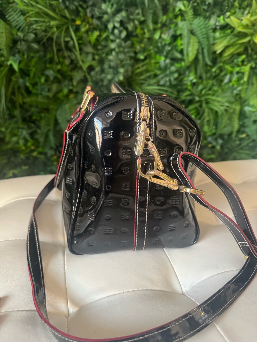 Arcadia Black Patent Shoulder Satchel with Red-Trim Handles - Picture 2 of 4